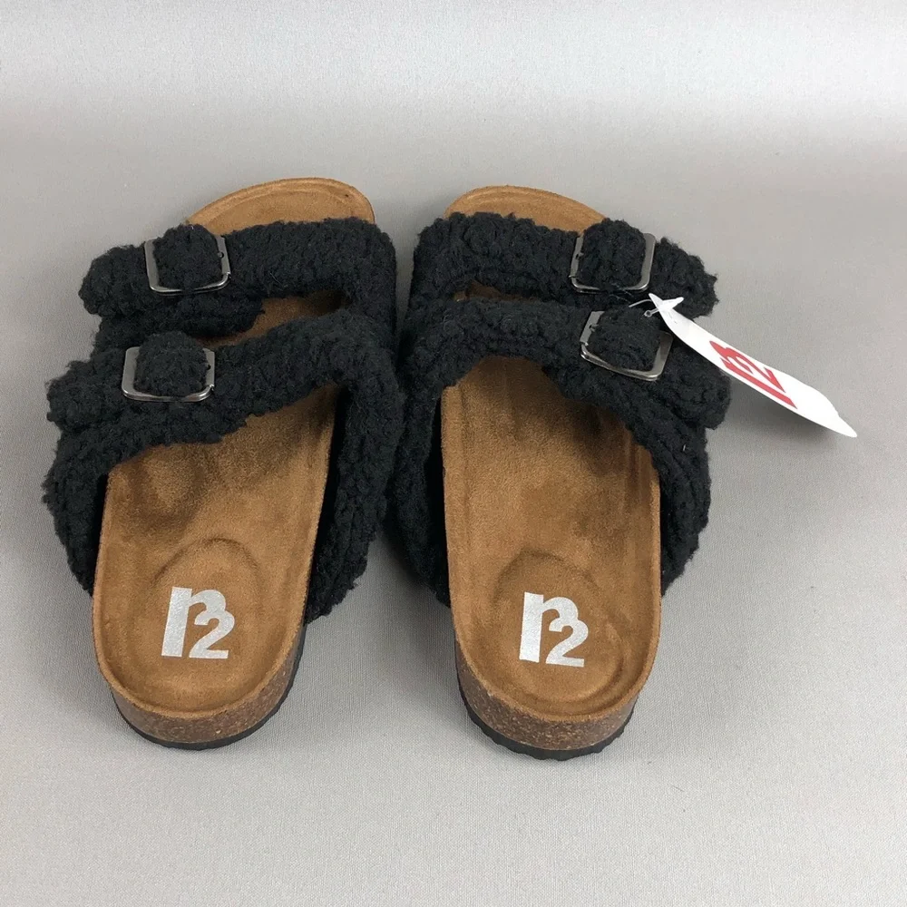 R2 Bernette Black Sherpa Teddy Shearling Buckled Double Strap Sandals - Picture 5 of 8